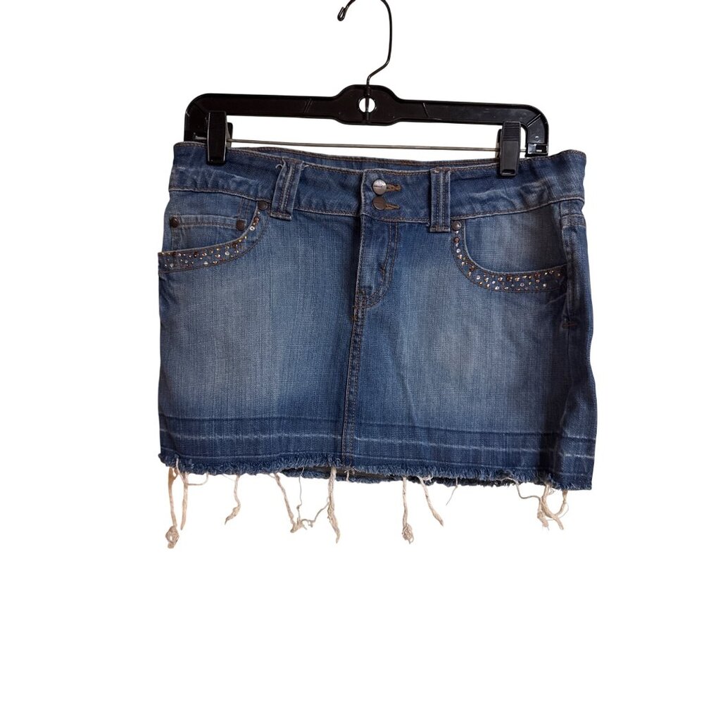 Jordache Womens Denim Mini Skirt With Rhinestone Accents & Frayed Hem